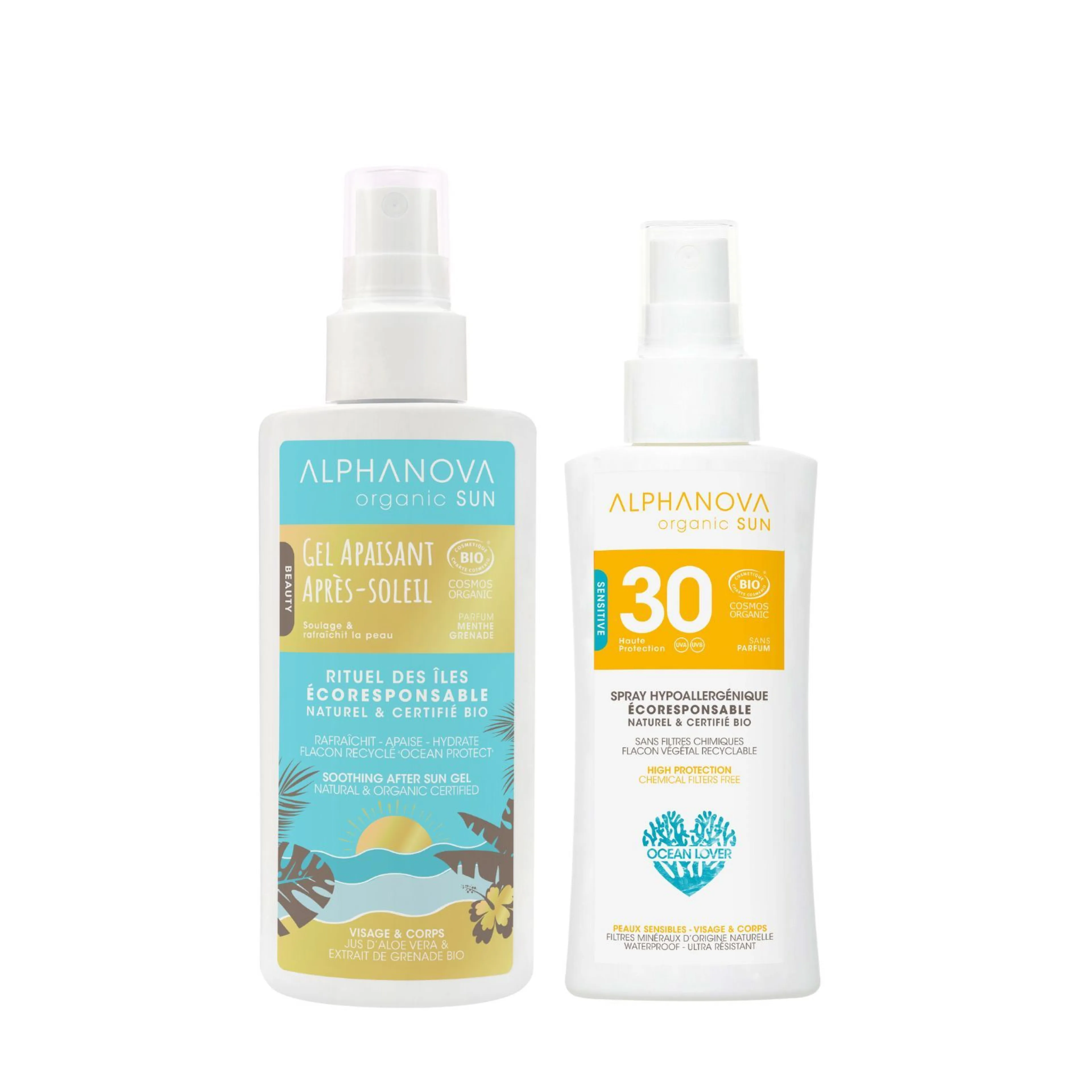 Duo Spray Solaire Hypoallergénique SPF30 format voyage & Gel Apaisant Après-Soleil à l'Aloé Vera - Alphanova
