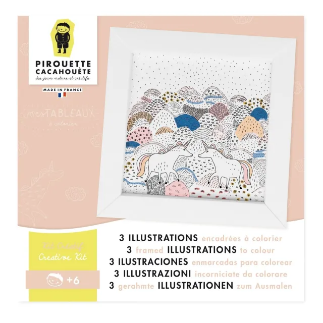 Kit créatif - 3 Illustrations Licorne encadrées à colorier - Pirouette Cacahouète