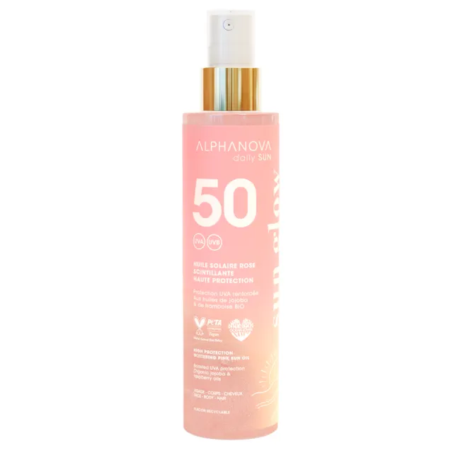 Huile solaire rose scintillante haute protection SPF 50 - Alphanova Daily Sun